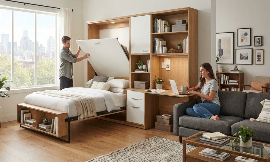 Cama abatible plegable integrada en sala de espacio pequeño