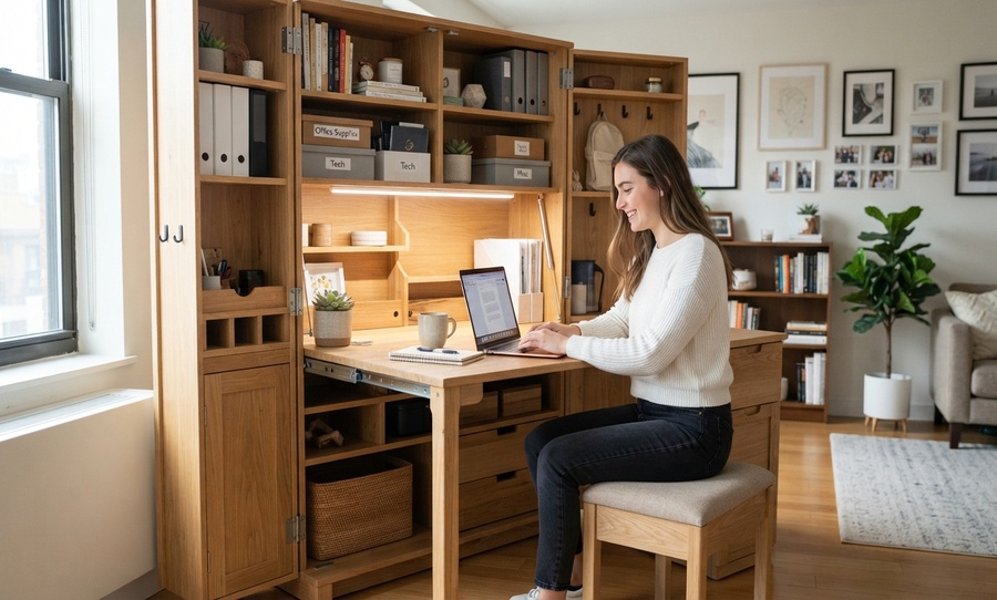 Escritorio plegable integrado en un mueble multifuncional para espacio pequeño