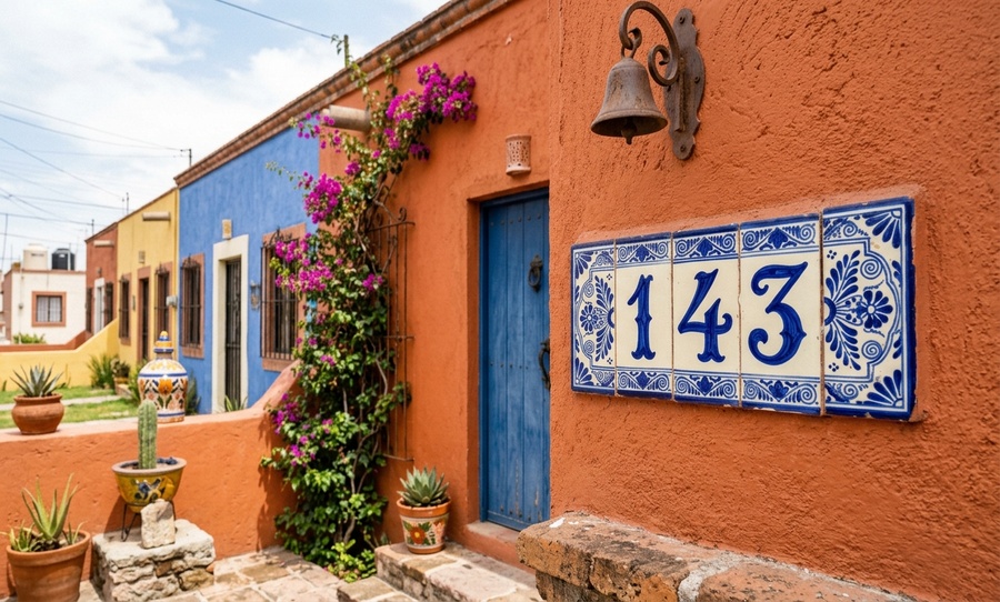 Fachada de casa Infonavit con azulejos decorativos y numeración artesanal
