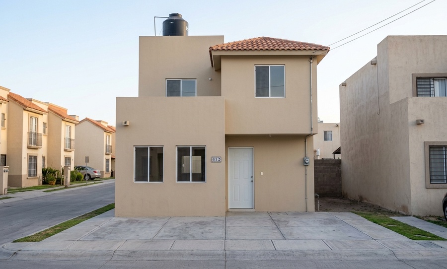 Fachada de casa Infonavit decorada con macetas, flores y plantas