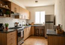 7 ideas creativas para remodelar una cocina de casa Infonavit sin hacer una obra completa Remodelación de cocina casa Infonavit con gabinetes de madera, salpicadero tipo metro y barra desayunador