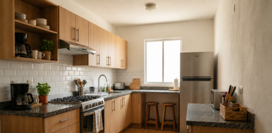 7 ideas creativas para remodelar una cocina de casa Infonavit sin hacer una obra completa Remodelación de cocina casa Infonavit con gabinetes de madera, salpicadero tipo metro y barra desayunador