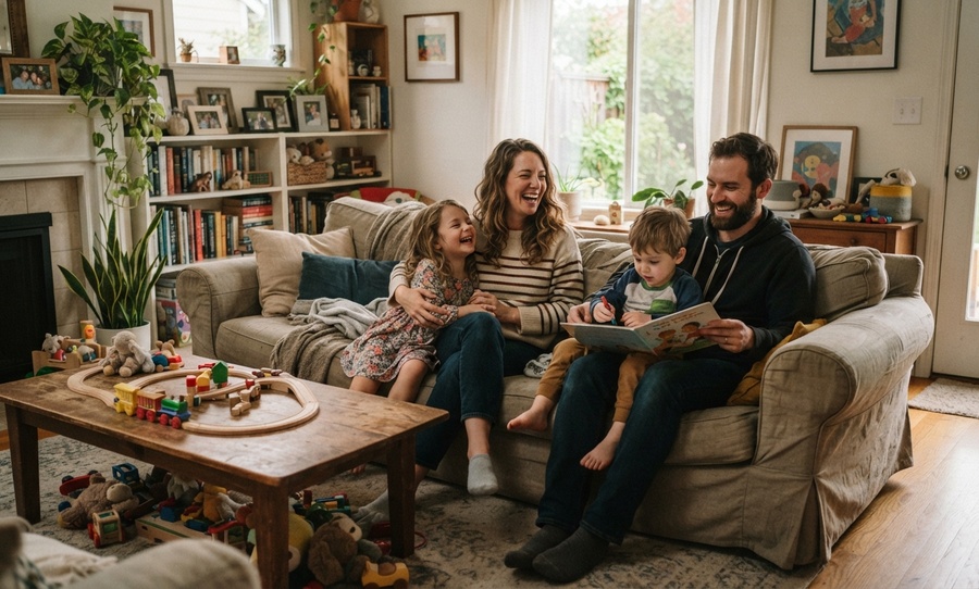 Familia con dos niños en la sala de su casa tras comprar una propiedad sin problemas legales