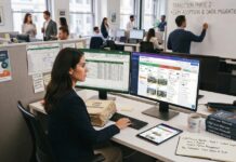 De Excel a un CRM Inmobiliario: ¿Cuándo es el momento exacto para dar el salto en tu agencia? Asesora de una agencia inmobiliaria compara una hoja de Excel con un CRM inmobiliario en dos monitores